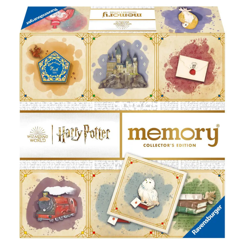 Harry Potter Memory-Spiel mit Box und illustrierten Kärtchen zu Hogwarts, Hedwig, Zug und weiteren magischen Motiven.