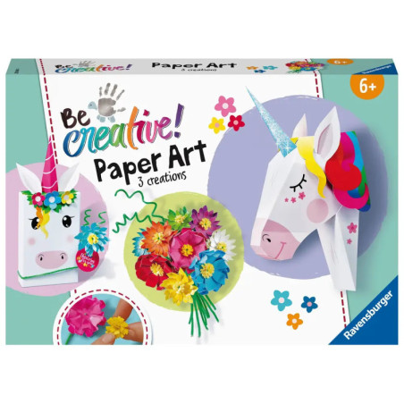 Sei kreativ! Bastelset mit Einhorn-Motiven und buntem Papierblumenstrauß, geeignet für Kinder ab 6 Jahren.