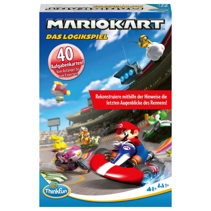 Mario Kart Brettspiel, zeigt Mario auf Rennstrecke und deutschen Text geeignet ab 8 Jahren.