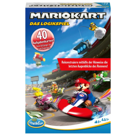 Mario Kart Brettspiel, zeigt Mario auf Rennstrecke und deutschen Text geeignet ab 8 Jahren.
