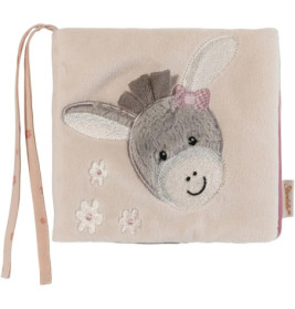 Weiches, beiges Babybuch mit Esel-Gesicht, rosa Schleife und Blumenmotiv auf dem Umschlag.