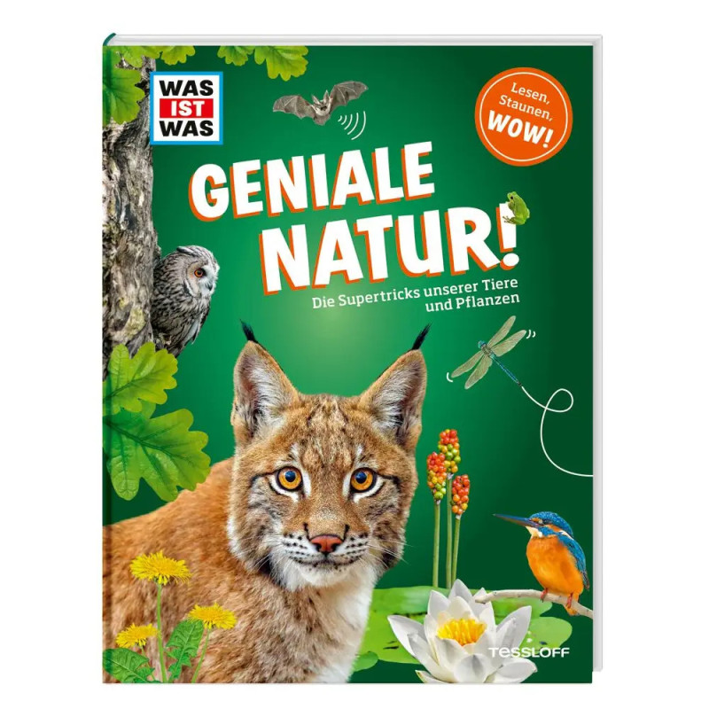 Buchcover mit Tieren, Pflanzen und Insekten auf grünem Grund Titel: GENIALE NATUR! in gelber Fettschrift.