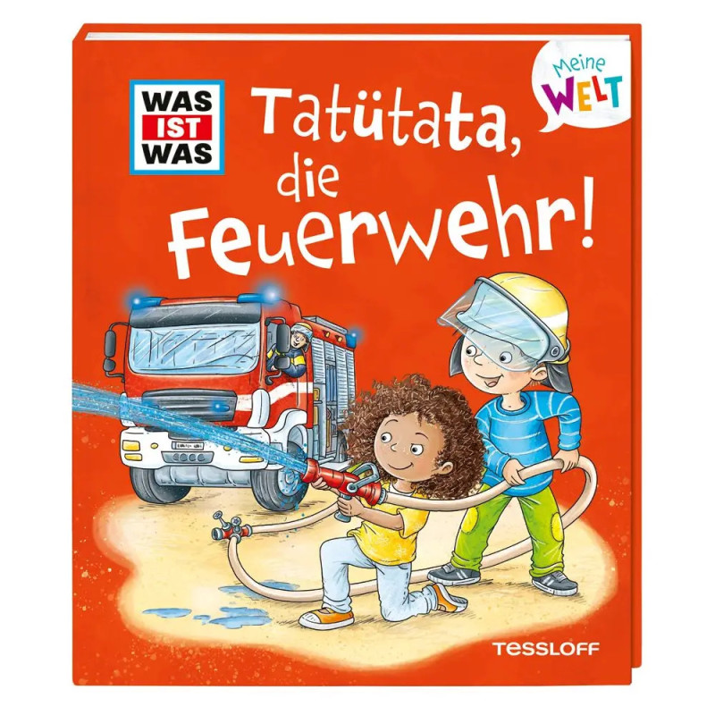 Kinder spielen mit einem Feuerwehrschlauch vor einem Feuerwehrauto auf dem Cover eines deutschen Kinderbuchs. Kinder spielen mit einem Feuerwehrschlauch vor einem Feuerwehrauto auf dem Cover eines deutschen Kinderbuchs.