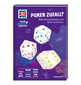 Buchcover mit drei Würfeln und deutschem Text zu Wahrscheinlichkeit und Glück vor lila Hintergrund.