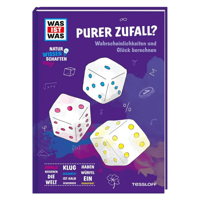 Buchcover mit drei Würfeln und deutschem Text zu Wahrscheinlichkeit und Glück vor lila Hintergrund. Buchcover mit drei Würfeln und deutschem Text zu Wahrscheinlichkeit und Glück vor lila Hintergrund.