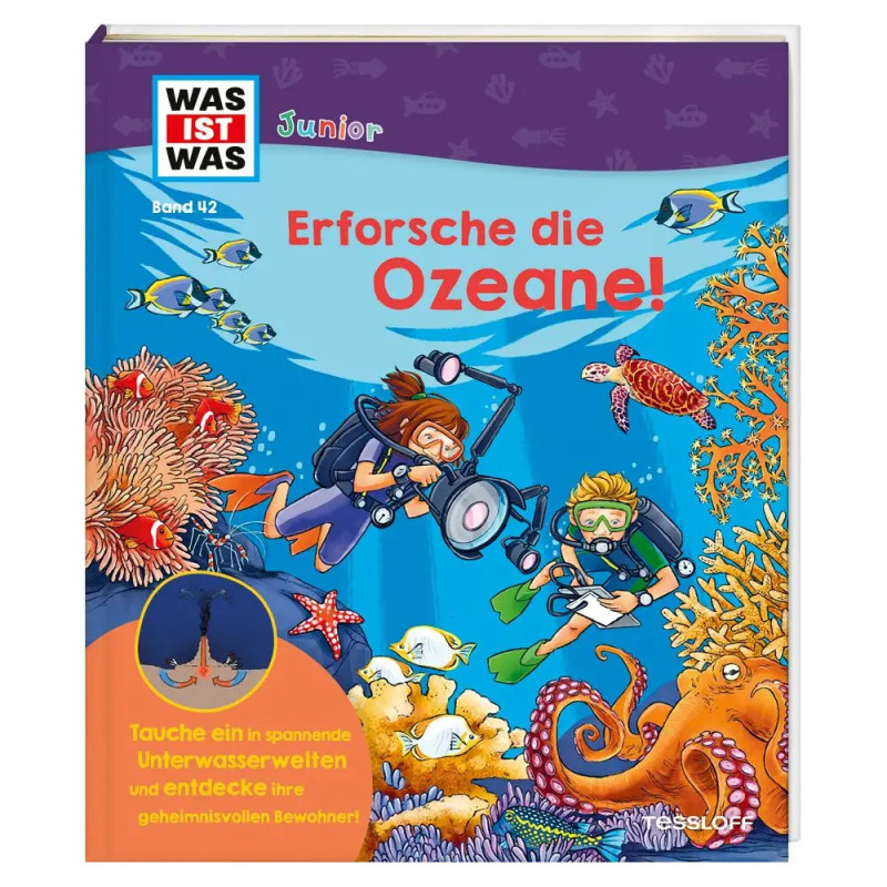 Zwei Kinder tauchen mit bunten Meerestieren und Korallen auf dem Cover eines deutschen Kinderbuchs. Zwei Kinder tauchen mit bunten Meerestieren und Korallen auf dem Cover eines deutschen Kinderbuchs.