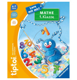 Ein blauer, pelziger Charakter spielt mit bunten Zahlen auf dem Cover eines deutschen Mathebuchs für Erstklässler.