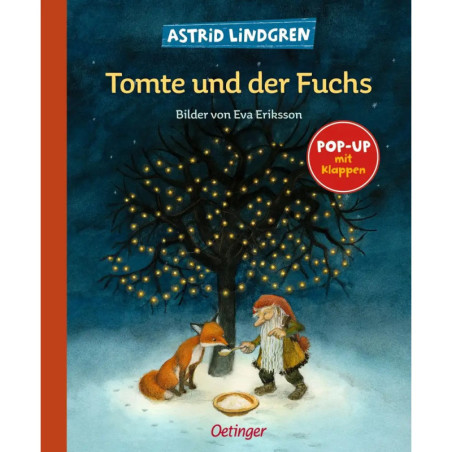Buchcover: Tomte und der Fuchs zeigt einen Wichtel und einen Fuchs nachts unter einem beleuchteten Baum, mit Sticker. Buchcover: Tomte und der Fuchs zeigt einen Wichtel und einen Fuchs nachts unter einem beleuchteten Baum, mit Sticker.