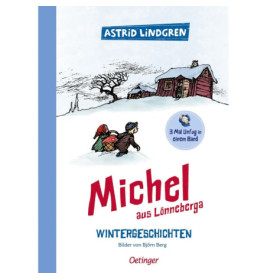 Buchcover von Michel aus Lönneberga: Ein Junge zieht ein Mädchen auf einem Schlitten durch eine verschneite Landschaft.