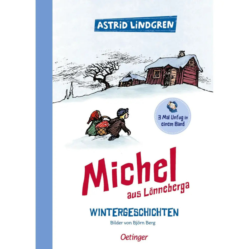 Buchcover von Michel aus Lönneberga: Ein Junge zieht ein Mädchen auf einem Schlitten durch eine verschneite Landschaft. Buchcover von Michel aus Lönneberga: Ein Junge zieht ein Mädchen auf einem Schlitten durch eine verschneite Landschaft.