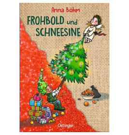 Illustrierter Buchumschlag: Junge hebt Mädchen hoch, daneben Weihnachtsbaum, Geschenke und Orangen.