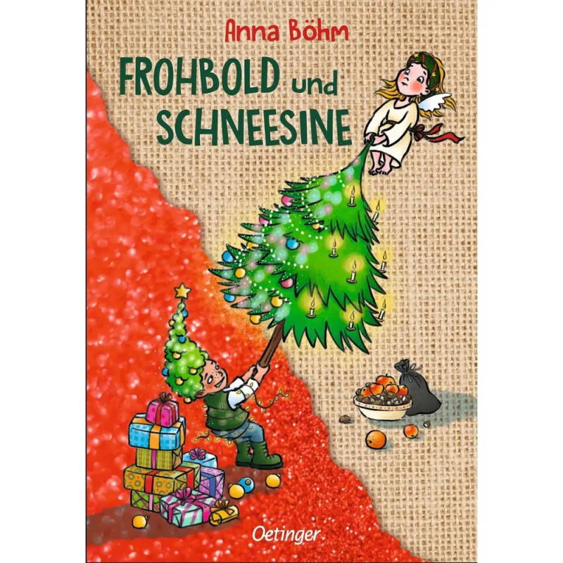 Illustrierter Buchumschlag: Junge hebt Mädchen hoch, daneben Weihnachtsbaum, Geschenke und Orangen. Illustrierter Buchumschlag: Junge hebt Mädchen hoch, daneben Weihnachtsbaum, Geschenke und Orangen.