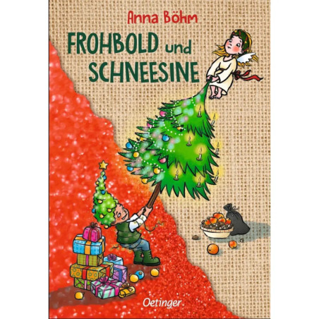 Illustrierter Buchumschlag: Junge hebt Mädchen hoch, daneben Weihnachtsbaum, Geschenke und Orangen.