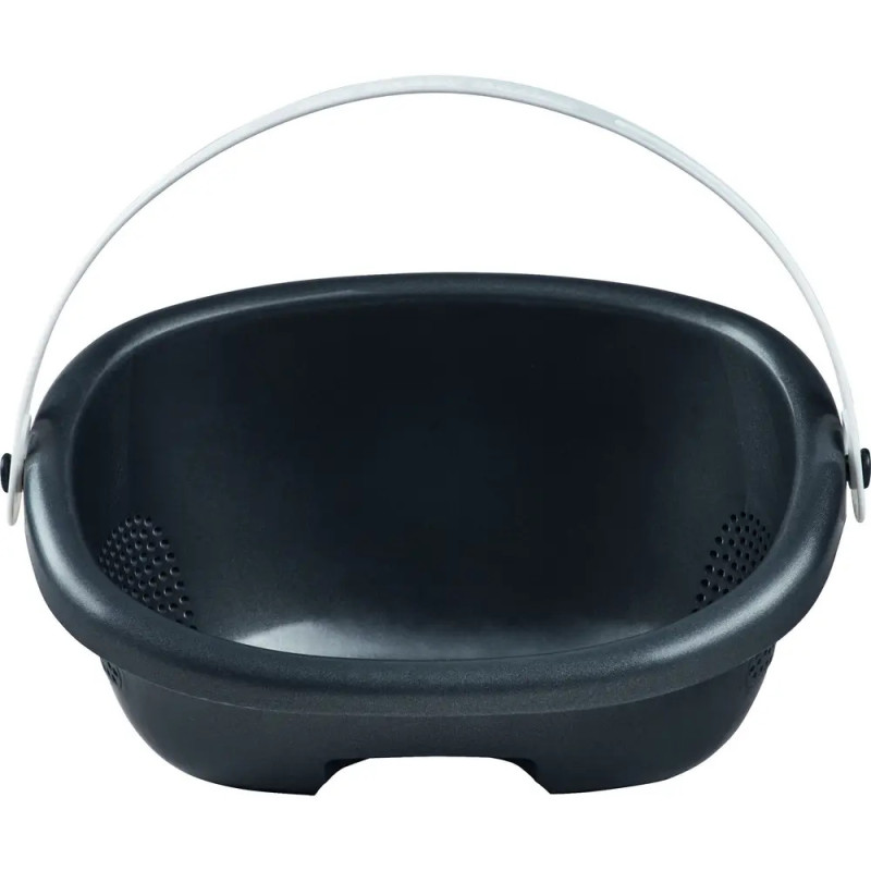 Schwarzes Kunststoffbecken mit weißem Griff und seitlichen kleinen Abflusslöchern.