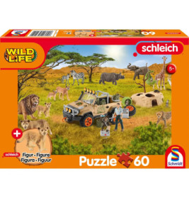 Puzzle mit 60 Teilen ab 5 Jahren: Wilde Tiere, Safari-Jeep und zwei Figuren auf afrikanischer Savanne.