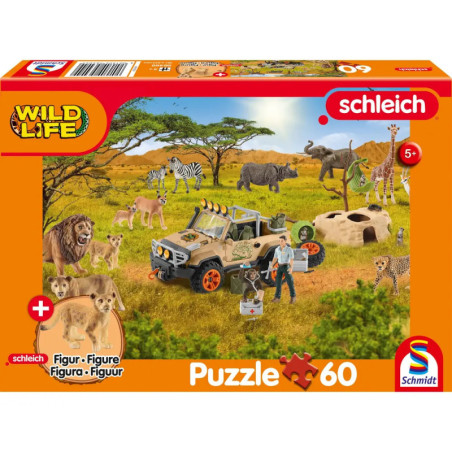 Puzzle mit 60 Teilen ab 5 Jahren: Wilde Tiere, Safari-Jeep und zwei Figuren auf afrikanischer Savanne.