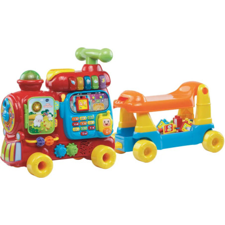 Bunter Spielzeugzug mit interaktiven Knöpfen und abnehmbarem Waggon, der mit Bausteinen gefüllt ist.