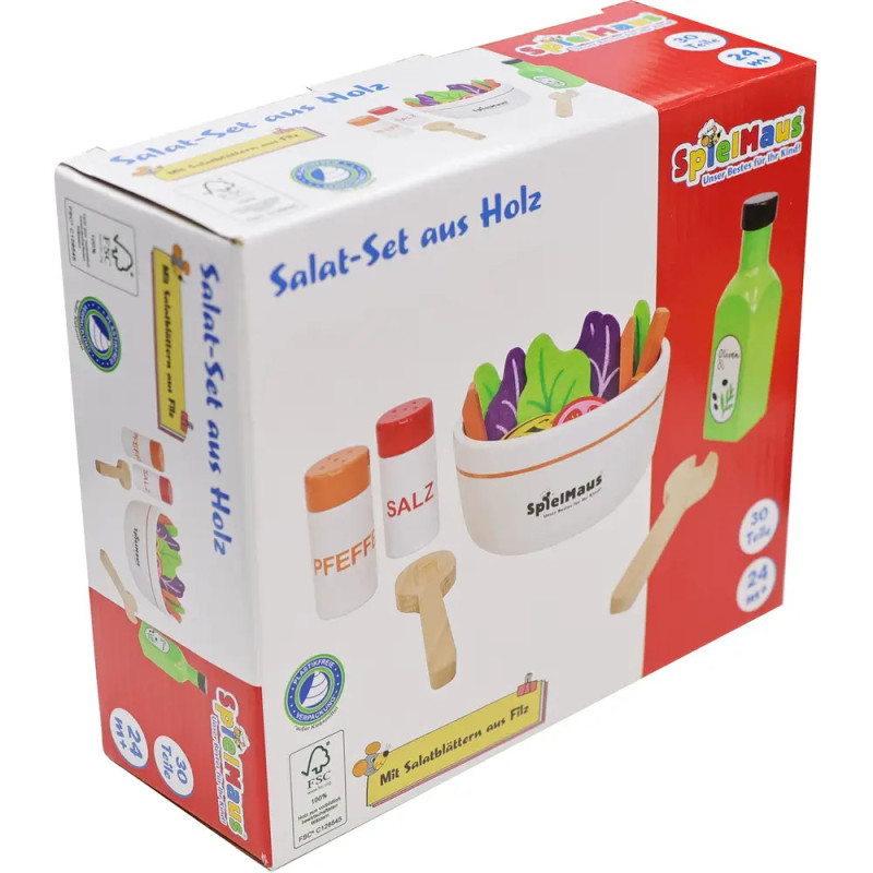 SpielMaus-Holz-Salatset mit Besteck, Gewürzen, Gemüse und Flasche auf der Verpackung illustriert.