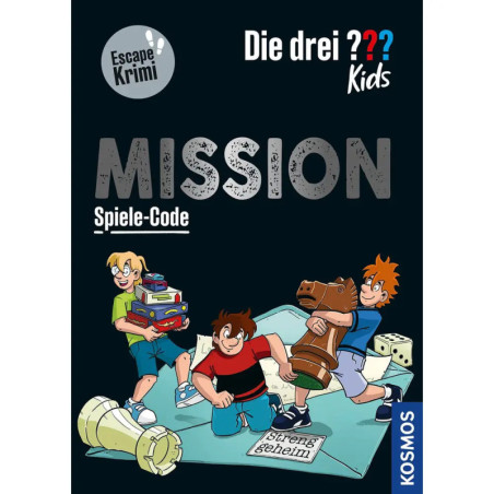Drei Cartoon-Kinder mit Spielsteinen und Puzzleteilen auf dem Cover von Die drei ? Kids: Mission Spiele-Code. Drei Cartoon-Kinder mit Spielsteinen und Puzzleteilen auf dem Cover von Die drei ? Kids: Mission Spiele-Code.