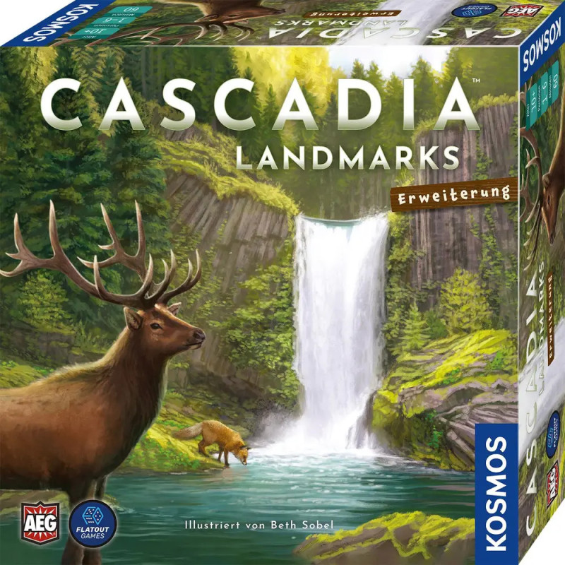Ein Wasserfall fließt durch einen Wald mit Elch und Bär Cover des Brettspiels Cascadia Landmarks. Ein Wasserfall fließt durch einen Wald mit Elch und Bär Cover des Brettspiels Cascadia Landmarks.