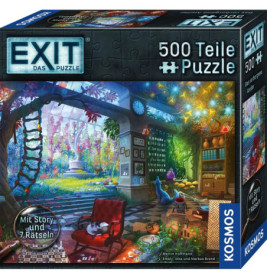 EXIT-Puzzle mit 500 Teilen: Buntes, gemütliches Zimmer mit Hund, Katze und Blick auf einen Garten.