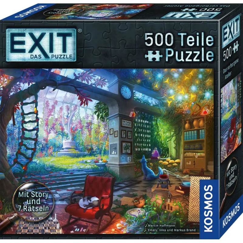 EXIT-Puzzle mit 500 Teilen: Buntes, gemütliches Zimmer mit Hund, Katze und Blick auf einen Garten. EXIT-Puzzle mit 500 Teilen: Buntes, gemütliches Zimmer mit Hund, Katze und Blick auf einen Garten.