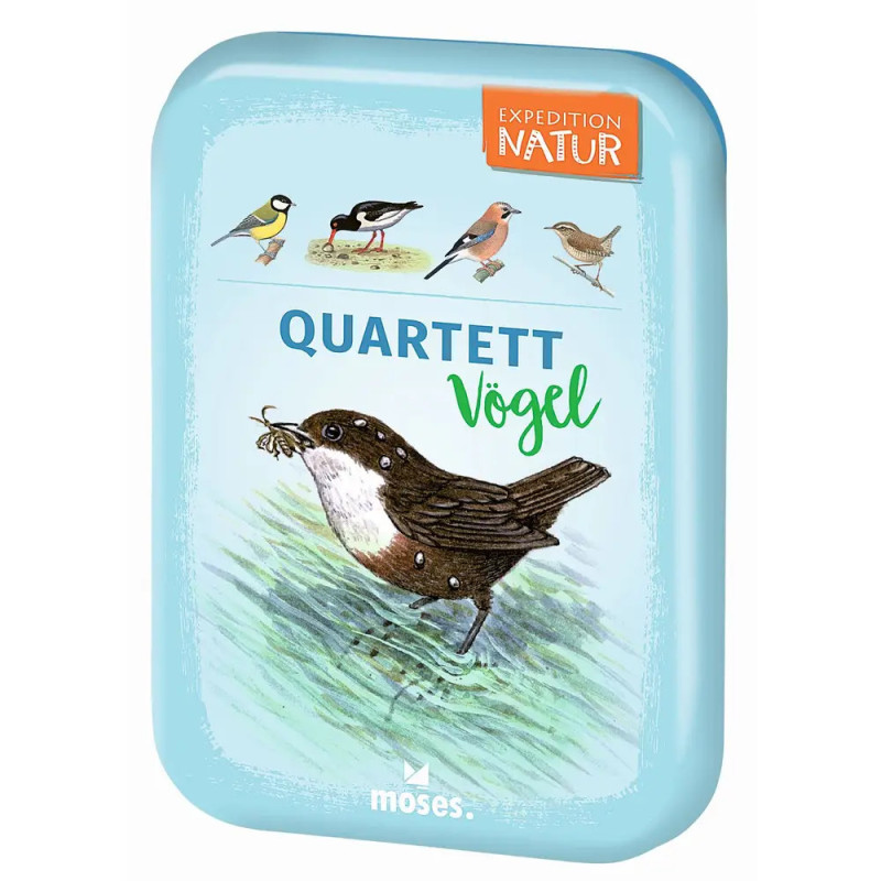 Hellblaue Schachtel mit Vogelzeichnungen und den Aufschriften Quartett Vögel sowie Expedition Natur auf dem Deckel.