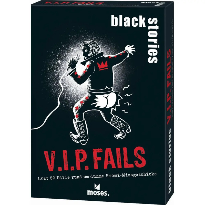 Spielebox: black stories V.I.P. FAILS mit Cartoon-Sänger, dessen Hose auf der Bühne gerissen ist.