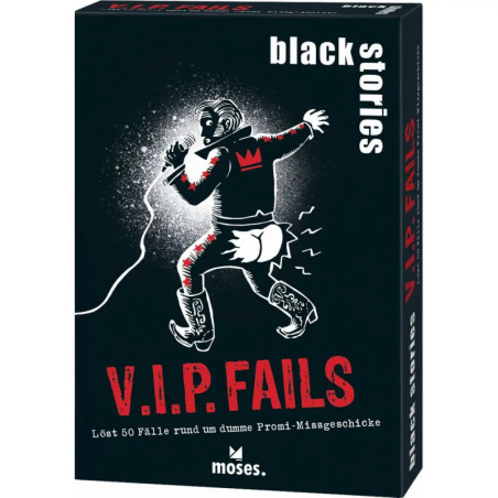 Spielebox: black stories V.I.P. FAILS mit Cartoon-Sänger, dessen Hose auf der Bühne gerissen ist.
