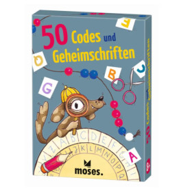 Bunte Spielschachtel mit Cartoon-Maus und Schriftzug 50 Codes und Geheimscriften von Moses, ab 8 Jahren.