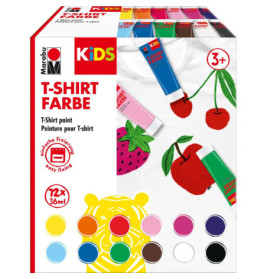Marabu Kids T-Shirt-Farbset mit 12 Farben und bemaltem Shirt mit Kirschen und Erdbeere.