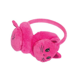 Leuchtend pinke, flauschige Ohrenschützer mit Katzenohren und bestickten Katzen-Gesichtern auf den Abdeckungen.