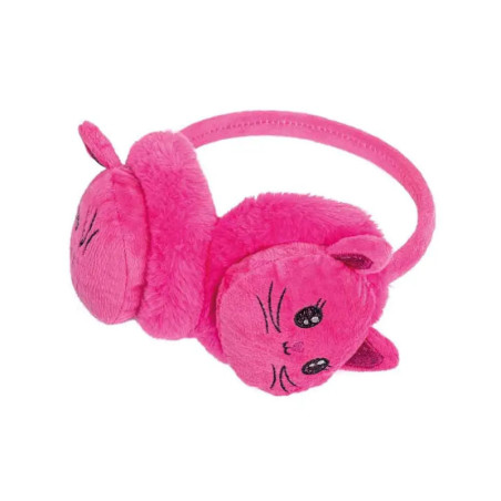 Leuchtend pinke, flauschige Ohrenschützer mit Katzenohren und bestickten Katzen-Gesichtern auf den Abdeckungen.