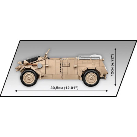 Seitenansicht eines sandfarbenen Modell-Militärfahrzeugs, 30,5 cm lang und 12 cm hoch.