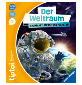 Weltraum-Kinderbuchcover mit Astronaut über der Erde und einem Raumschiff im Hintergrund.
