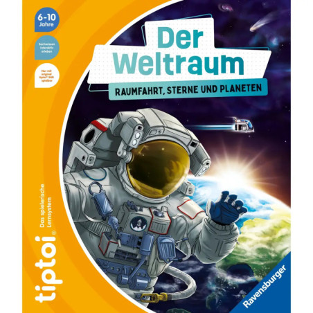 Weltraum-Kinderbuchcover mit Astronaut über der Erde und einem Raumschiff im Hintergrund.