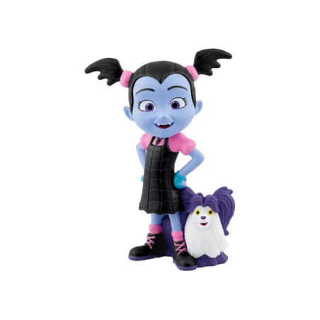 Ein blauhäutiges Cartoon-Mädchen mit Zöpfen, schwarzem Kleid und kleinem lila-weißem Hund an ihrer Seite.