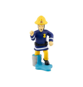 Spielfigur eines Feuerwehrmanns mit blauem Anzug, gelbem Helm, Eimer und blauem Sockel.