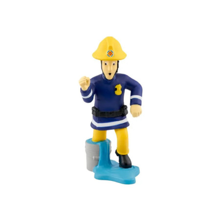 Spielfigur eines Feuerwehrmanns mit blauem Anzug, gelbem Helm, Eimer und blauem Sockel.