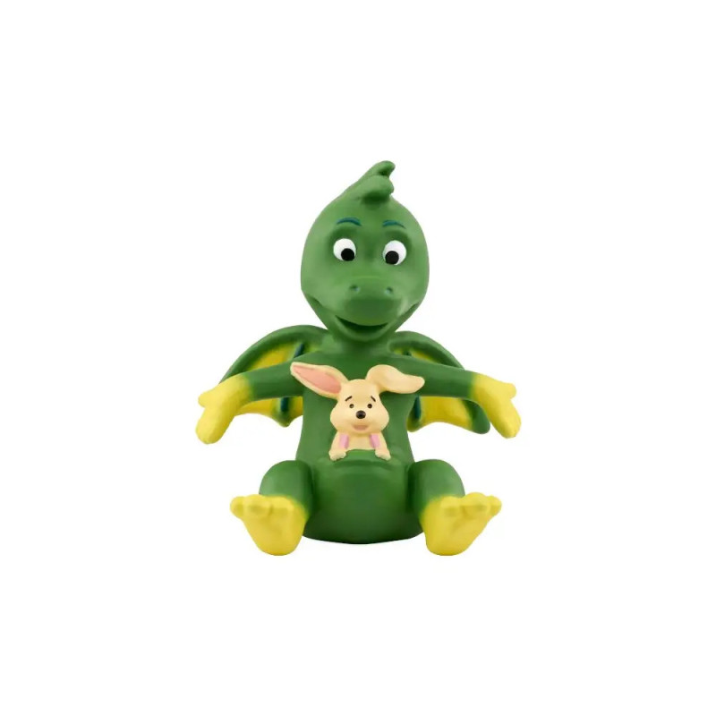 Eine grün-gelbe Drachenfigur hält ein beiges Kaninchen im Schoß, vor weißem Hintergrund. Eine grün-gelbe Drachenfigur hält ein beiges Kaninchen im Schoß, vor weißem Hintergrund.