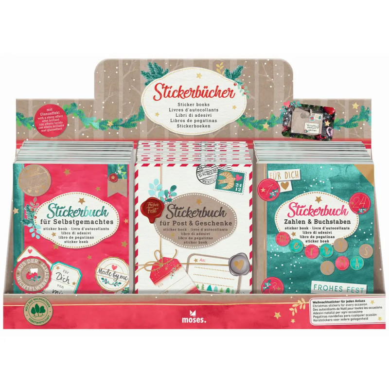 Deutsche Stickerbücher von Moses mit festlichen Motiven für Basteln, Geschenke und Briefe im Display.