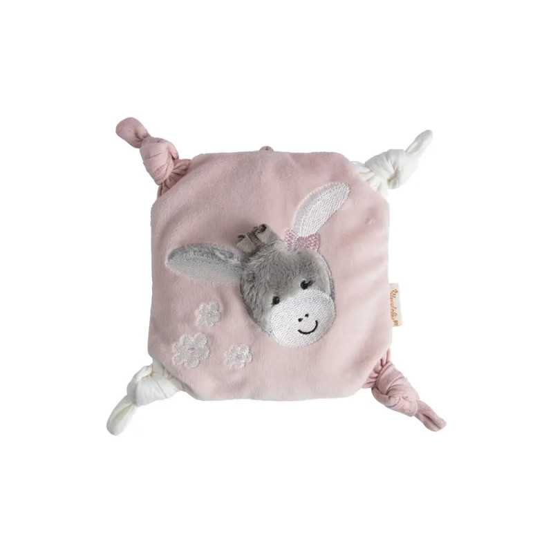 Quadratisches, rosa Baby-Schnuffeltuch mit geknoteten Ecken und grauem, lächelndem Eselgesicht in der Mitte.