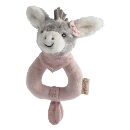 Weiches Esel-Rasselspielzeug für Babys mit rosa Schal, Schleife und weichem Griff.