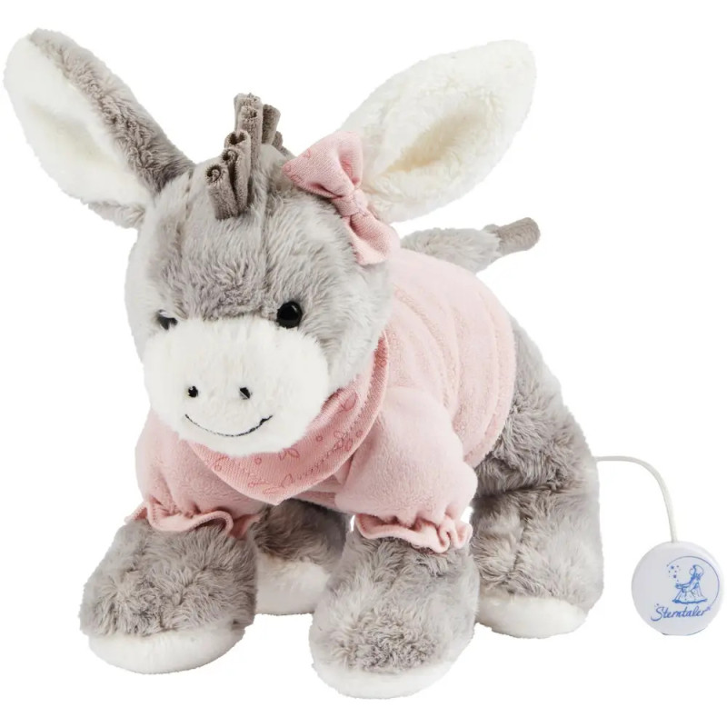 Graues Esel-Plüschtier mit rosa Outfit und Schleife, seitlich mit Zugband. Graues Esel-Plüschtier mit rosa Outfit und Schleife, seitlich mit Zugband.