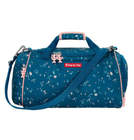 Blaue Sporttasche mit pinkem Blumenmuster, pinken Zippern und Step by Step-Logo auf der Front.
