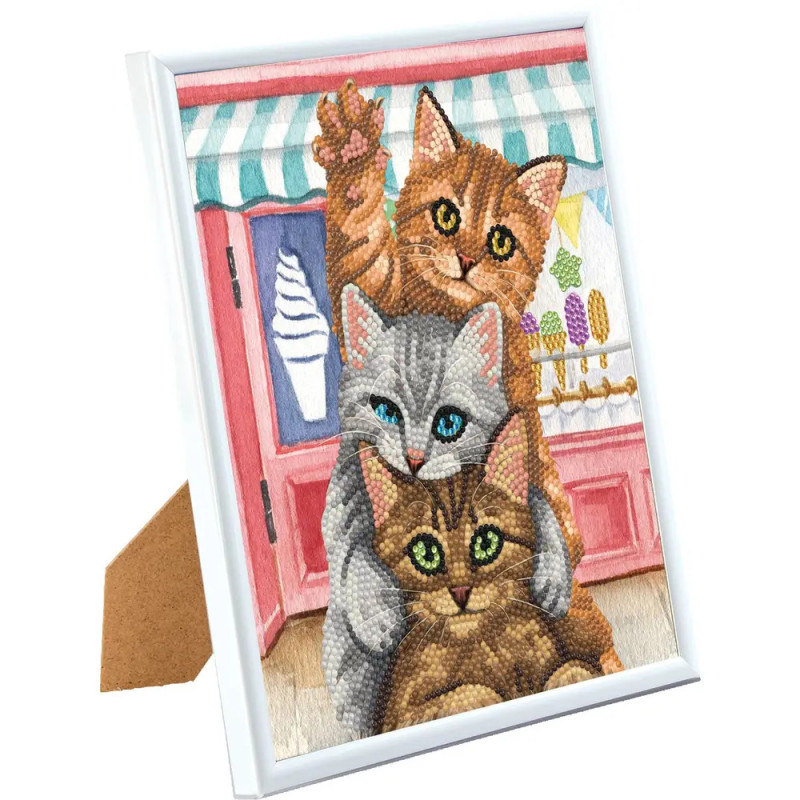 Drei verspielte Katzen übereinander vor einer Eisdiele, umrahmt von Weiß. Drei verspielte Katzen übereinander vor einer Eisdiele, umrahmt von Weiß.