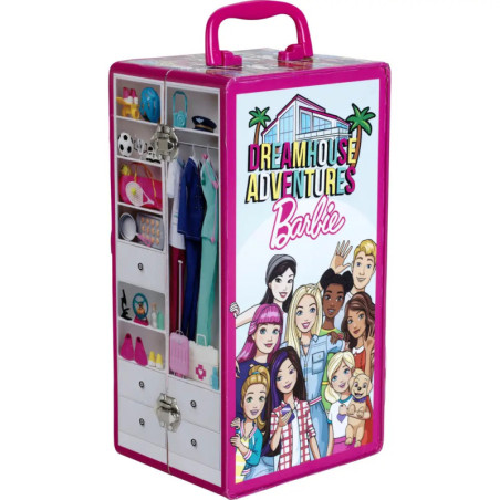 Barbie Dreamhouse Adventures Koffer mit abgebildeten Figuren, Haus und Zubehör auf der Vorderseite.