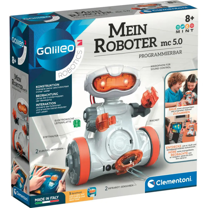 Verpackung des Mein Roboter mc 5.0 Bausatzes (ab 8 Jahre) von Clementoni mit Abbildungen des Roboters.
