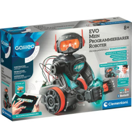 EVO Mein Programmierbarer Roboter: Verpackung mit Roboter-Spielzeug und Programmierfunktionen abgebildet.