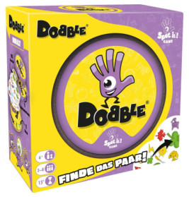 Gelbe Dobble-Spielschachtel mit lila Hand-Logo und dem deutschen Schriftzug Finde das Paar! auf der Vorderseite.